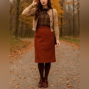 vintage pencil skirt burnt orange wool ribbed tweed XS knee length retro career